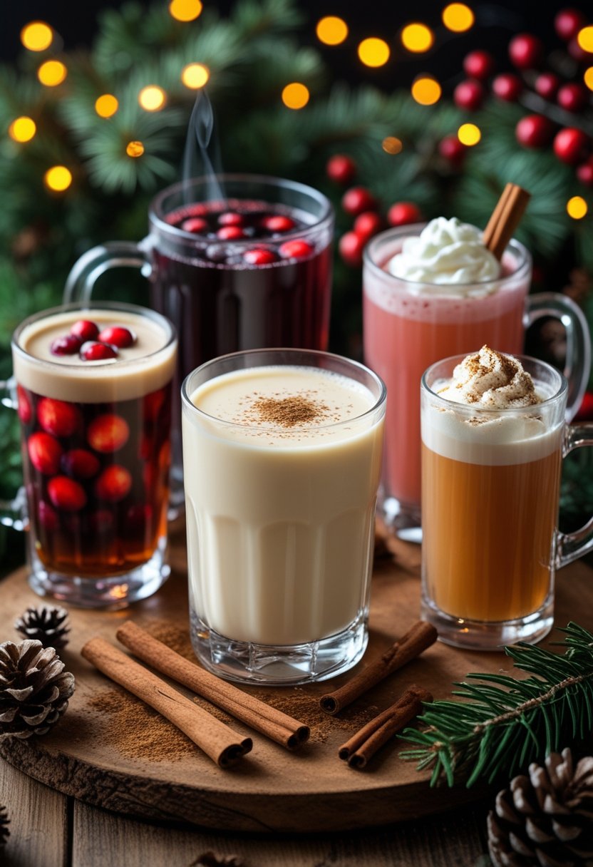 Five festive Christmas beverages including a glass of eggnog with rum surrounded by mulled wine, cranberry cocktail, hot chocolate, and spiced apple cider on a decorated wooden table.