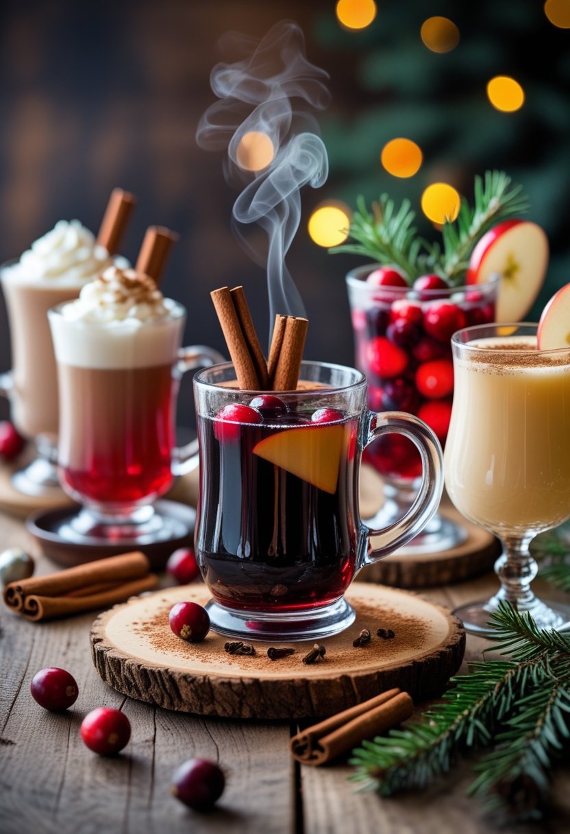 Five Christmas beverages including a glass of mulled wine with cinnamon and cloves, surrounded by hot chocolate, cranberry cocktail, eggnog, and sparkling apple cider on a wooden table with holiday decorations.
