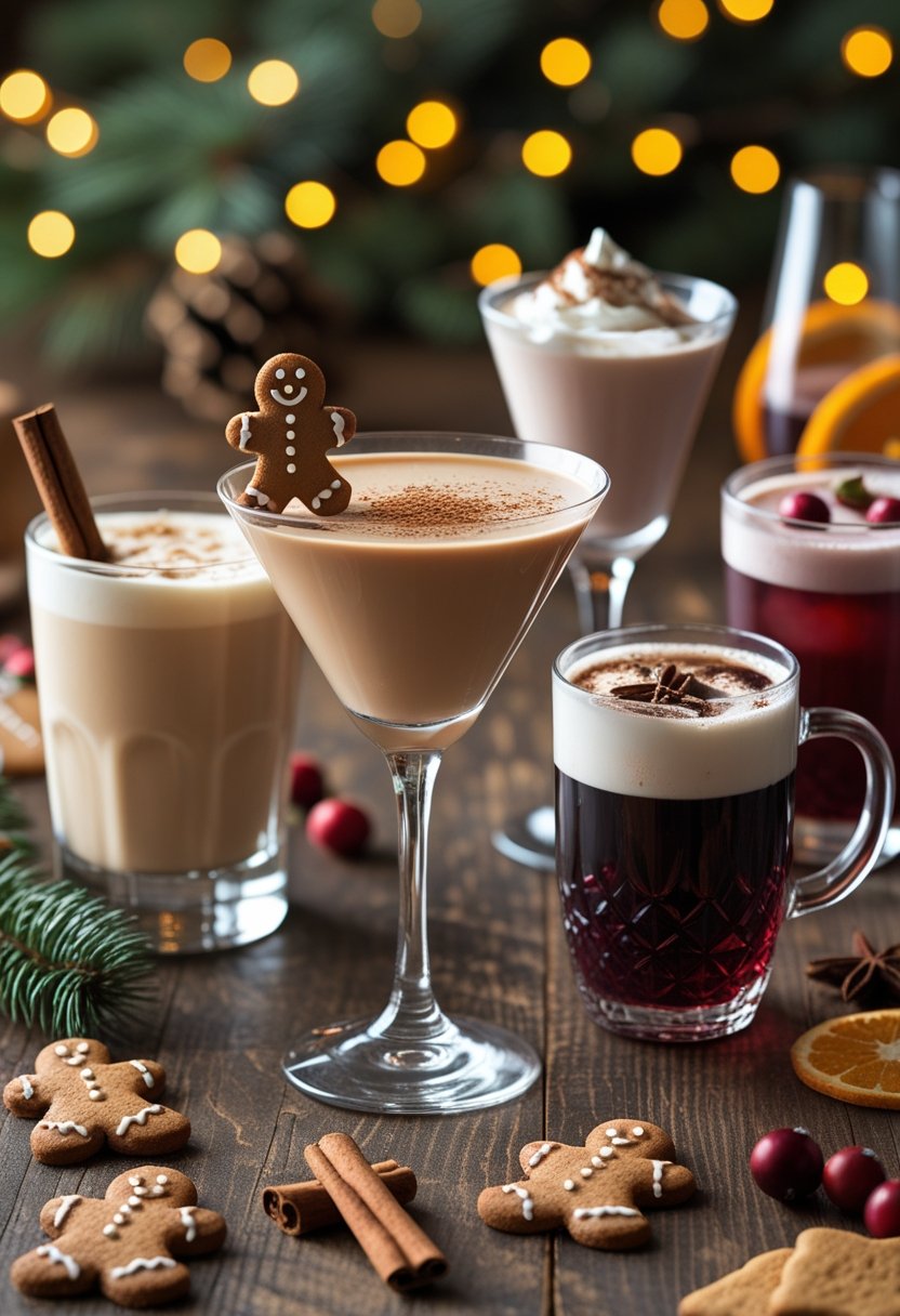 Five Christmas beverages including a gingerbread man-tini cocktail and four other festive drinks arranged on a wooden table with holiday decorations and warm lights.
