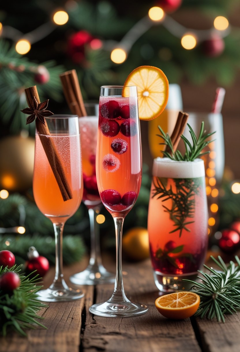 Five festive Christmas beverages on a wooden table, including a cranberry ginger mimosa garnished with cranberries and ginger, surrounded by other holiday drinks with seasonal decorations.