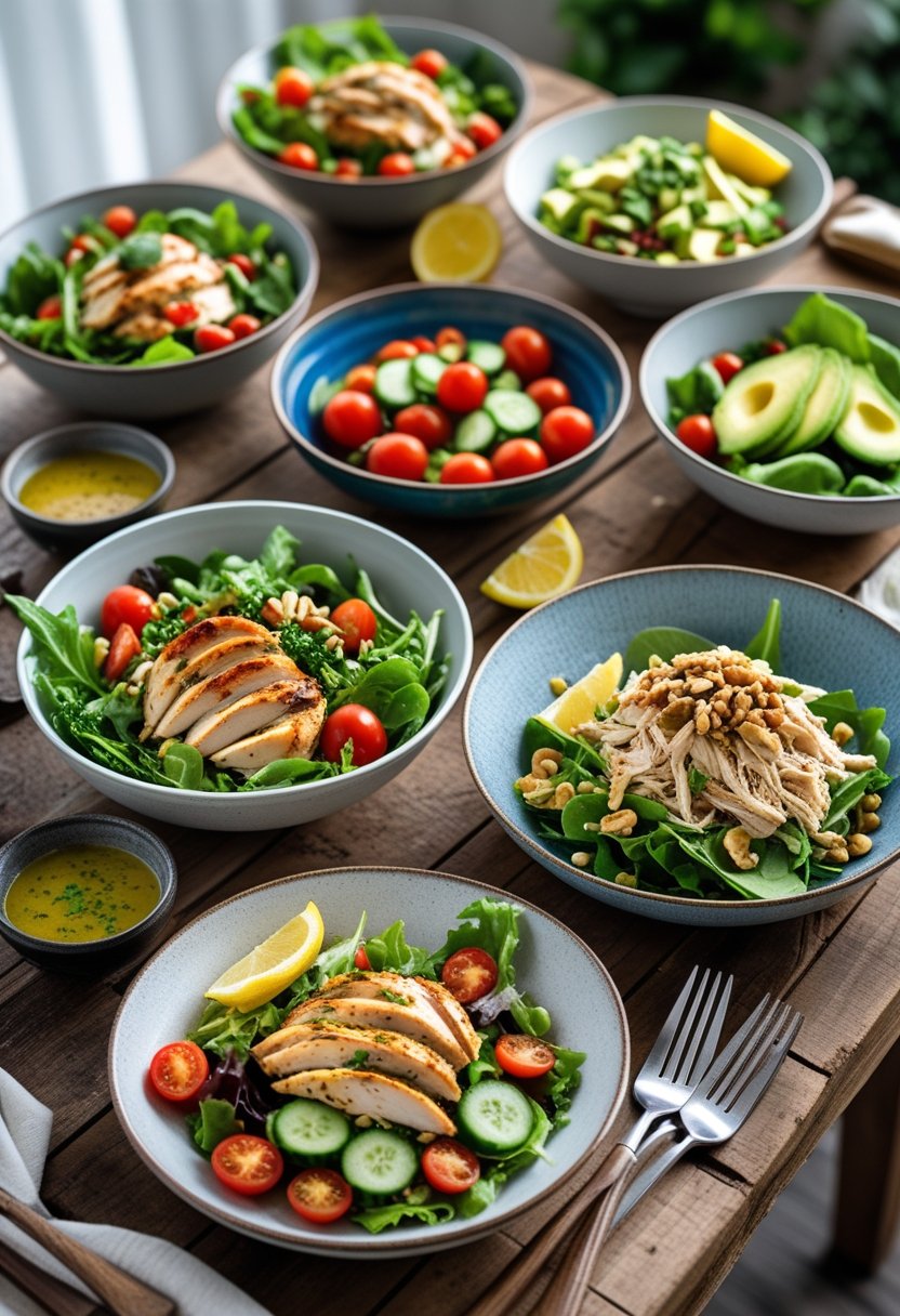 Seven different chicken salad dishes arranged on a wooden table with fresh ingredients and dressings.