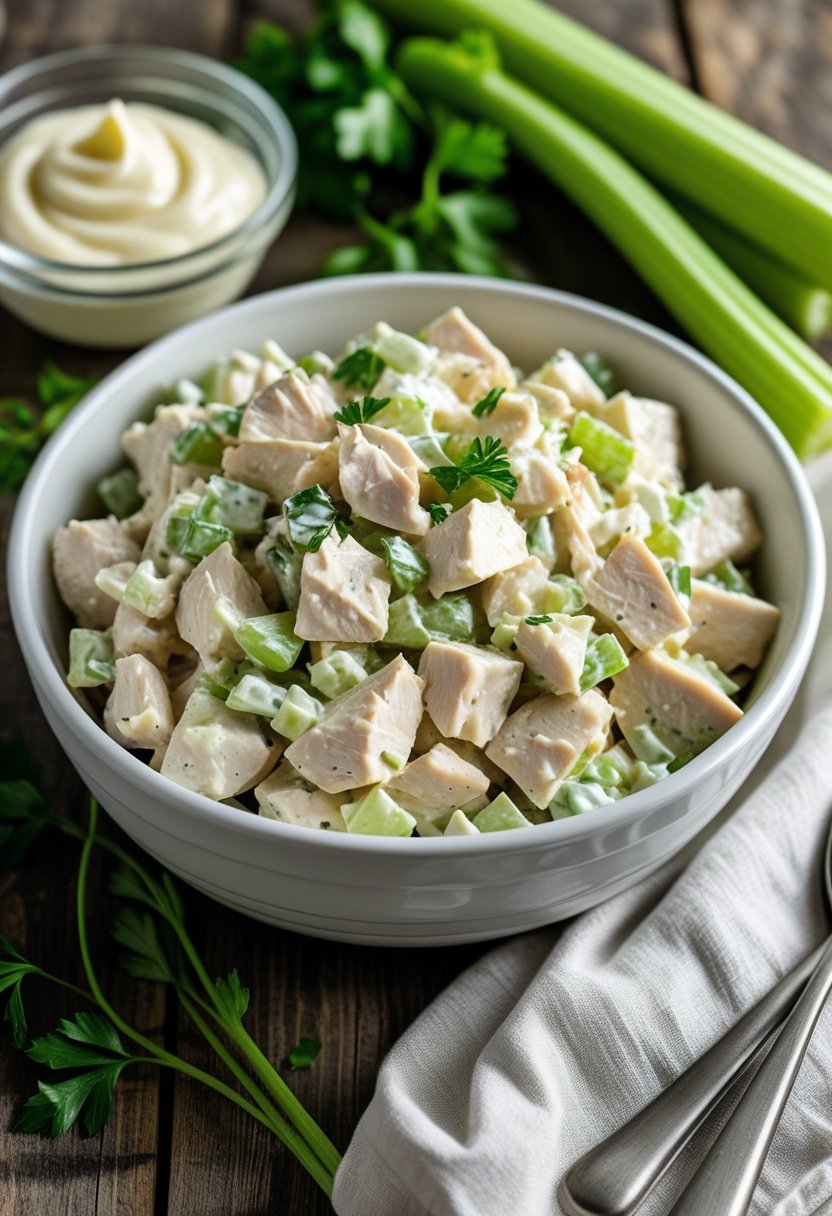 A bowl of chicken salad with mayonnaise and celery on a wooden table, surrounded by fresh celery and parsley.