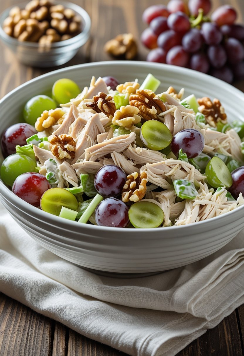 A bowl of chicken salad with grapes and walnuts on a wooden table, surrounded by fresh grapes and walnuts.