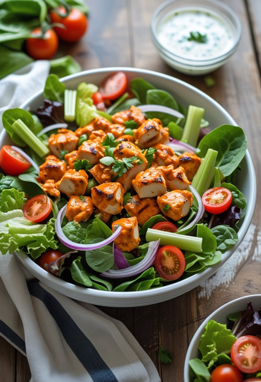 A bowl of buffalo chicken salad with mixed greens, cherry tomatoes, celery, and a side of ranch dressing on a wooden table.
