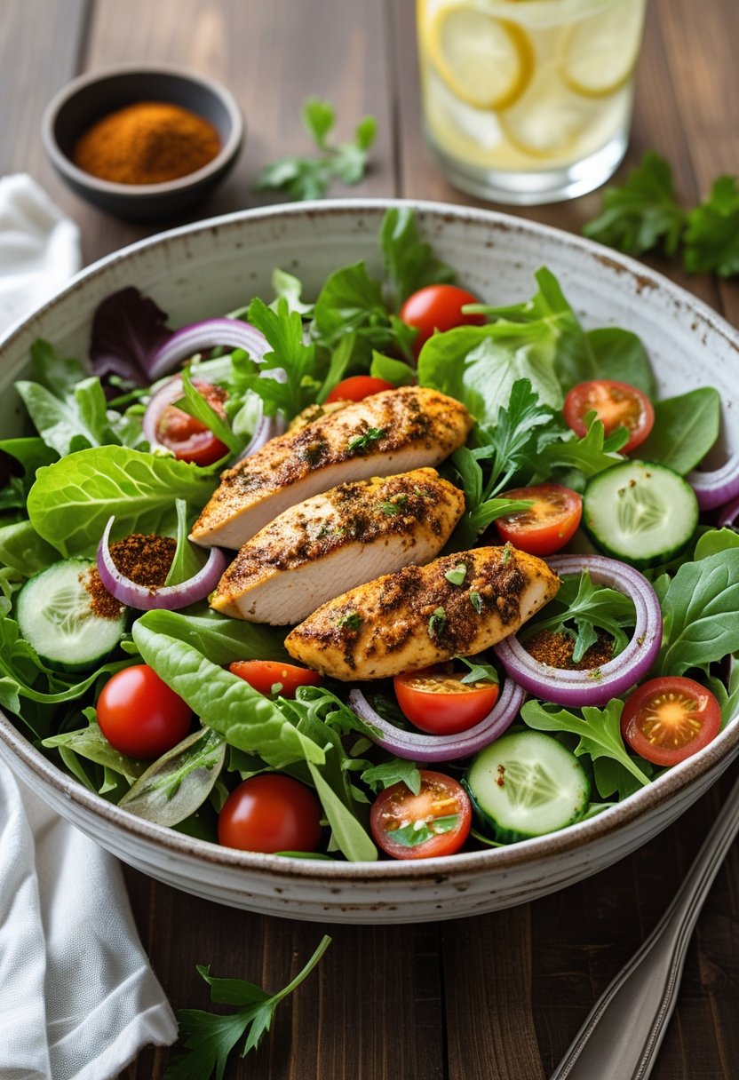 A bowl of Cajun spiced chicken salad with grilled chicken, mixed greens, cherry tomatoes, cucumbers, and red onions on a wooden table.