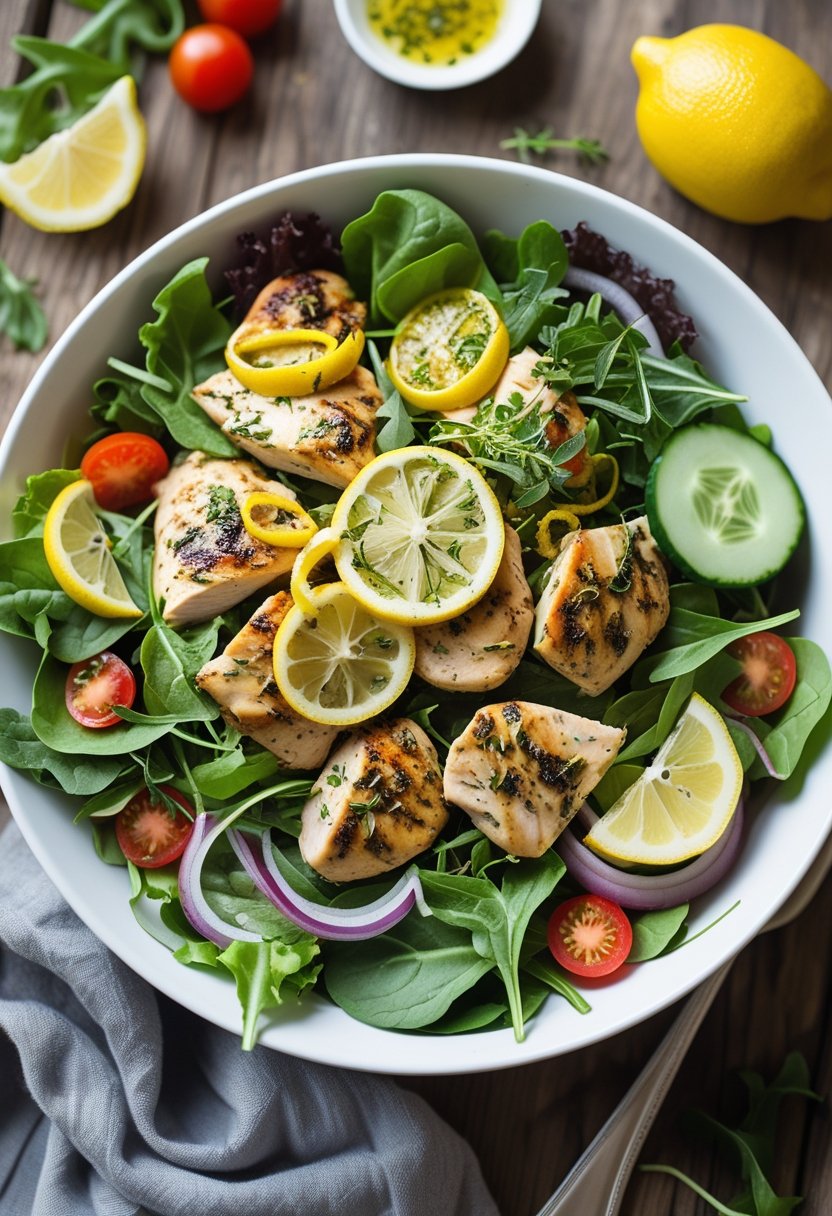 A bowl of lemon herb chicken salad with grilled chicken, mixed greens, lemon slices, cherry tomatoes, and cucumber on a wooden table.