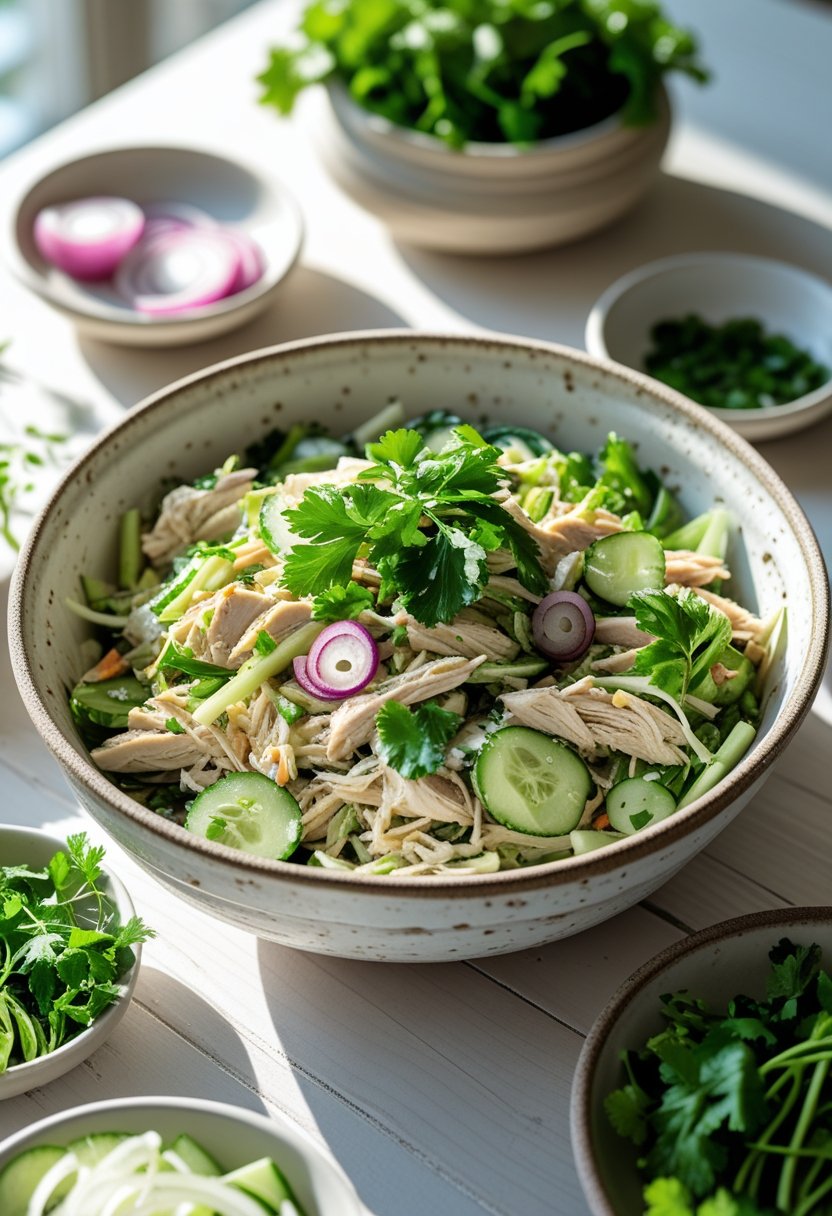 A bowl of chicken salad with fresh herbs and sliced shallots on a wooden table.