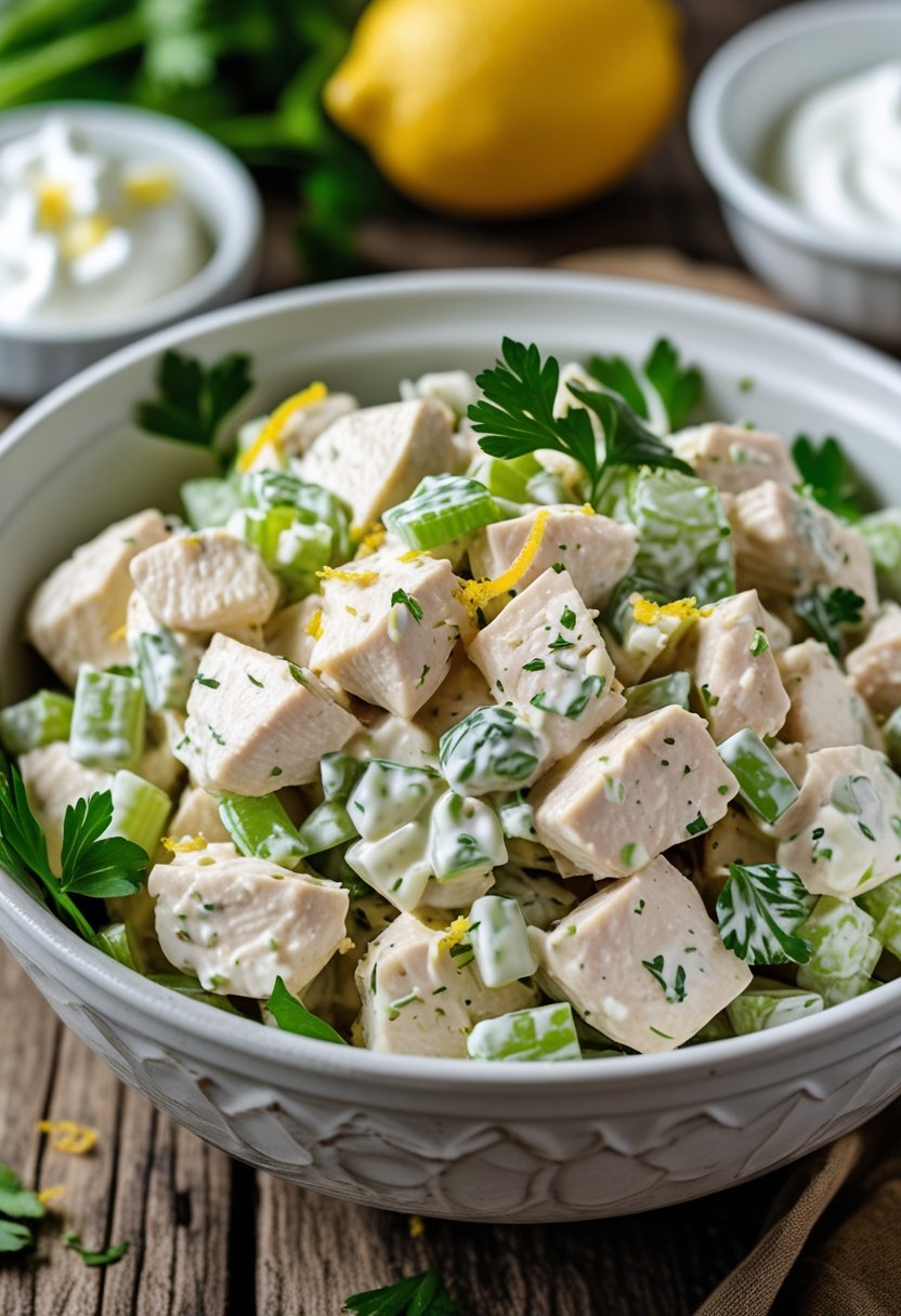 A bowl of creamy chicken salad with visible herbs and lemon zest on a wooden table, with a lemon and sour cream in the background.