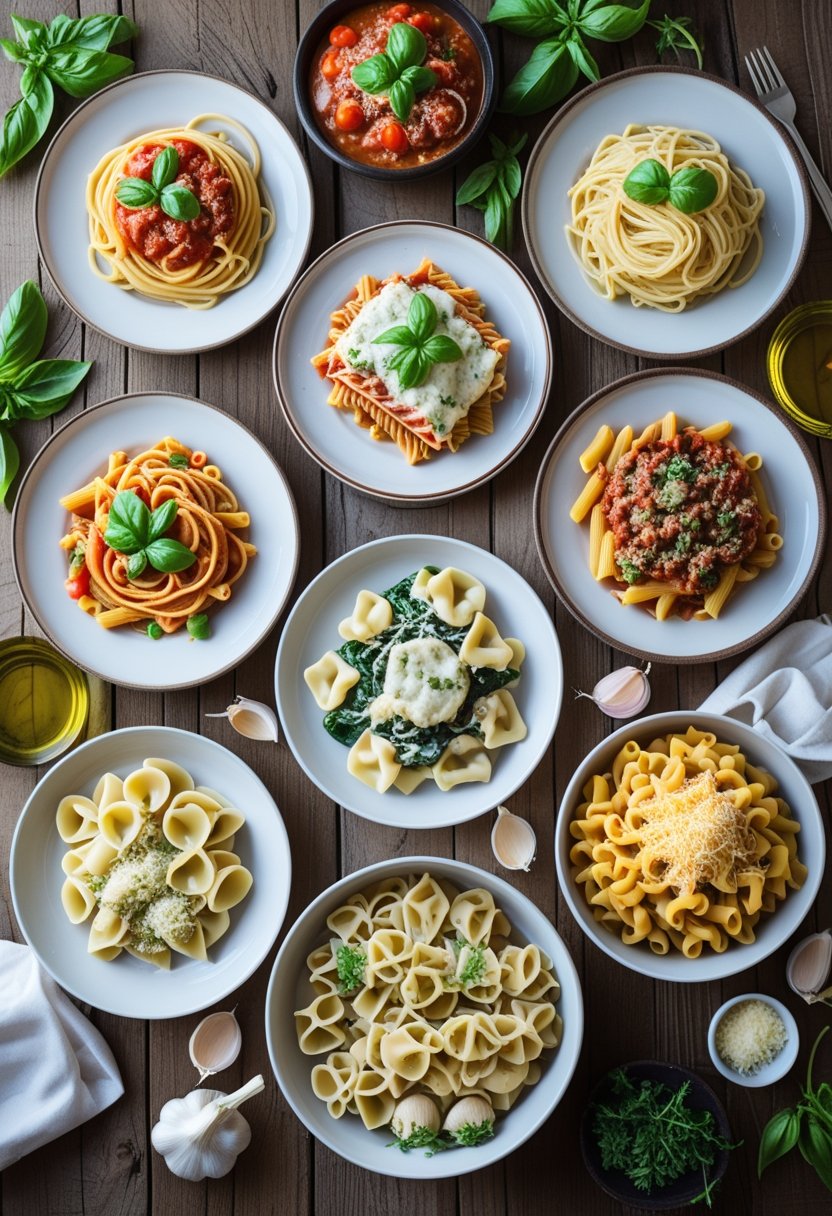 Seven different plates of pasta dishes arranged on a wooden table with fresh herbs and ingredients around them.