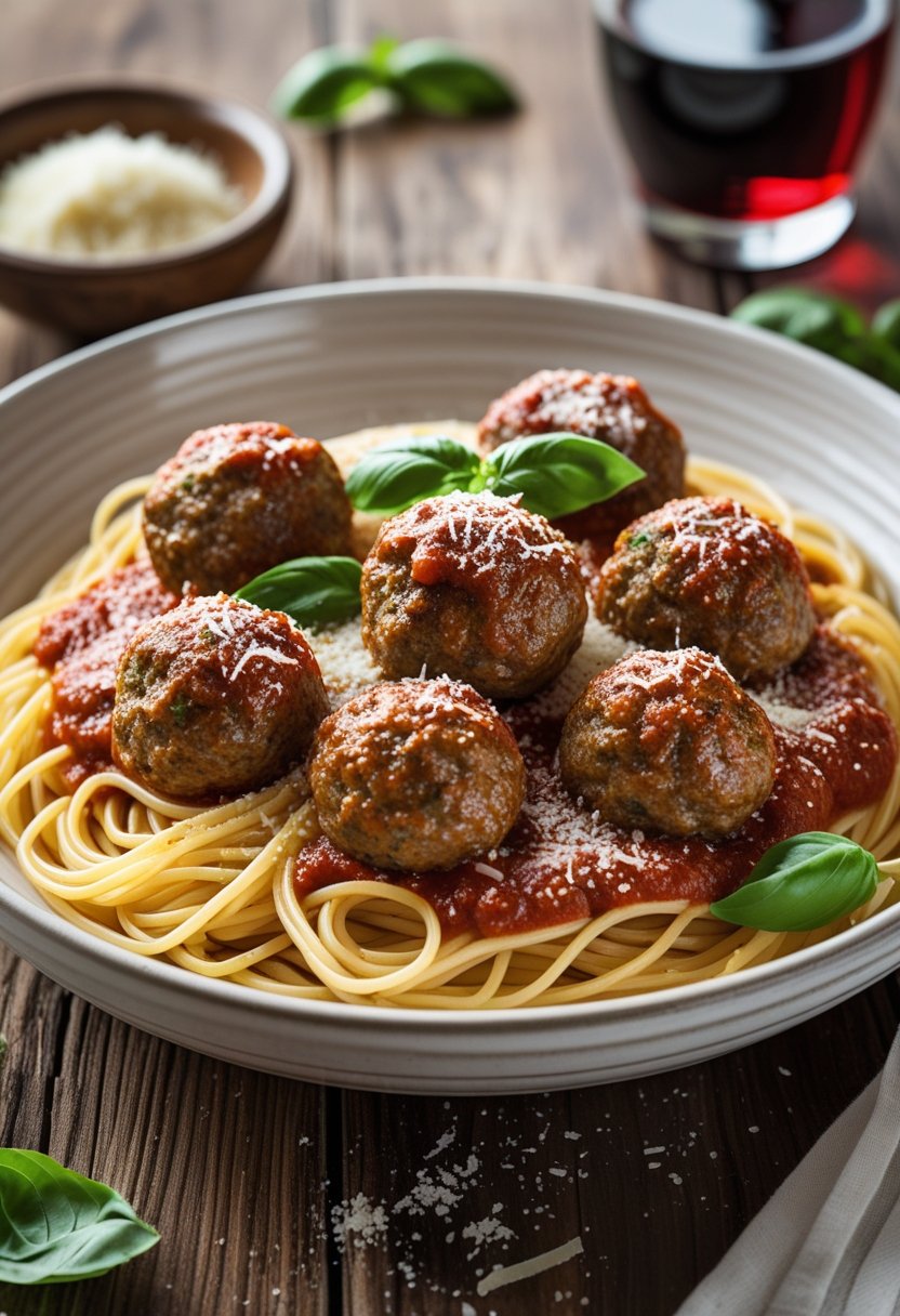 A plate of spaghetti topped with meatballs and marinara sauce, garnished with basil and grated cheese on a wooden table.