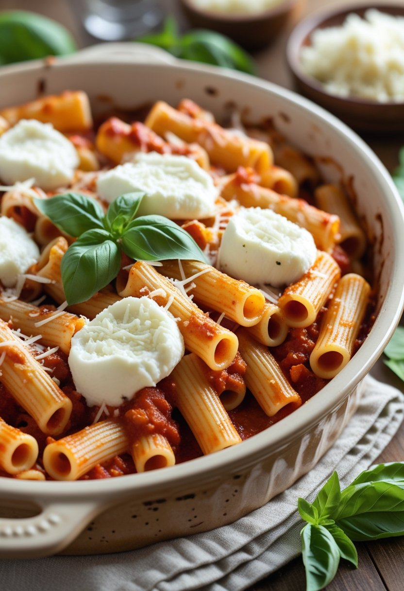 A baked ziti pasta dish topped with melted cheese and ricotta in a baking dish on a wooden table.