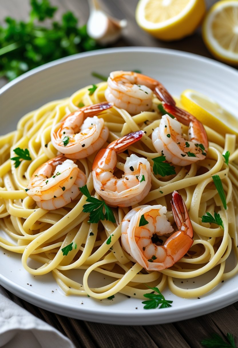 A plate of shrimp scampi linguine pasta garnished with parsley and lemon slices on a wooden table.