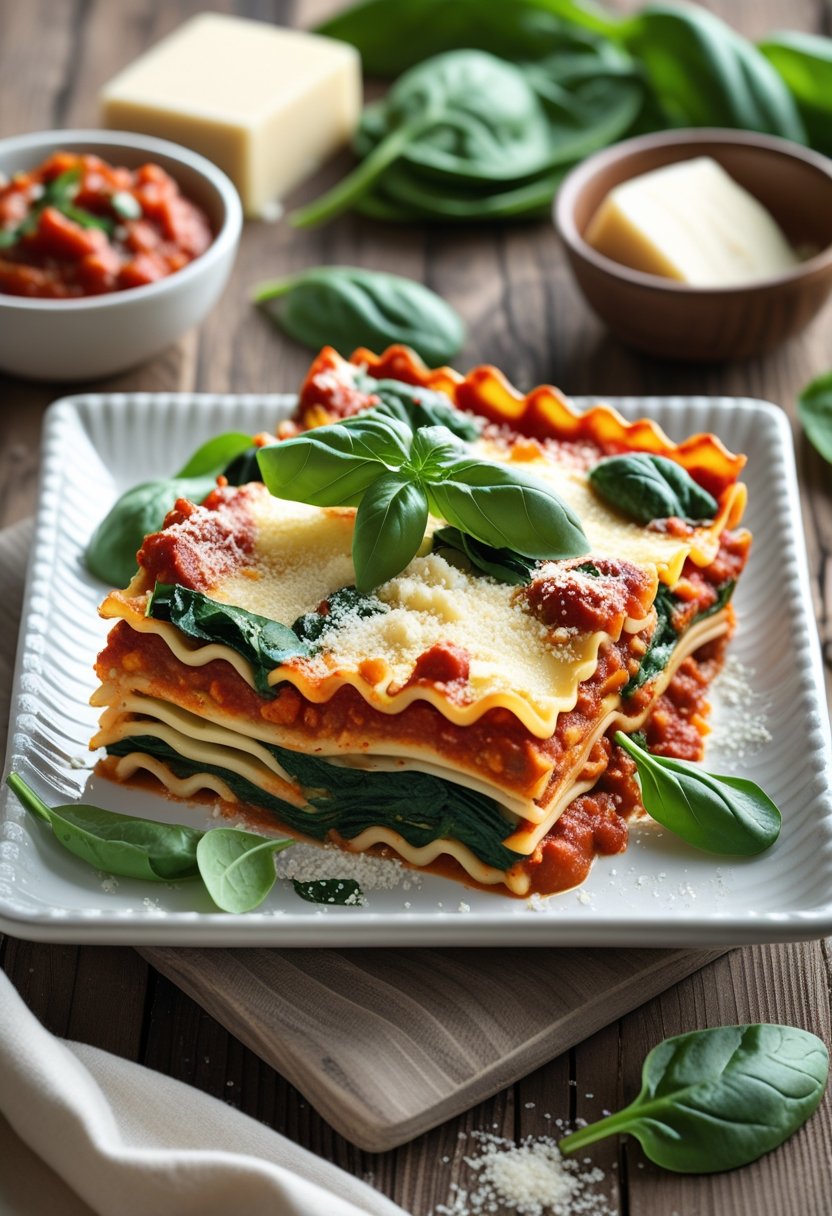 A plate of vegetarian lasagna with spinach, garnished with basil and Parmesan cheese, on a wooden table with fresh ingredients around.