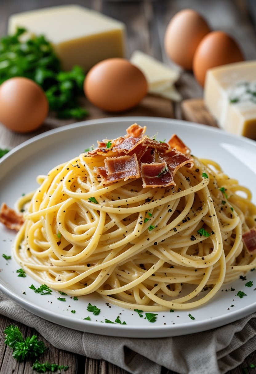 A plate of creamy pasta carbonara topped with crispy pancetta and garnished with black pepper and parsley on a wooden table.