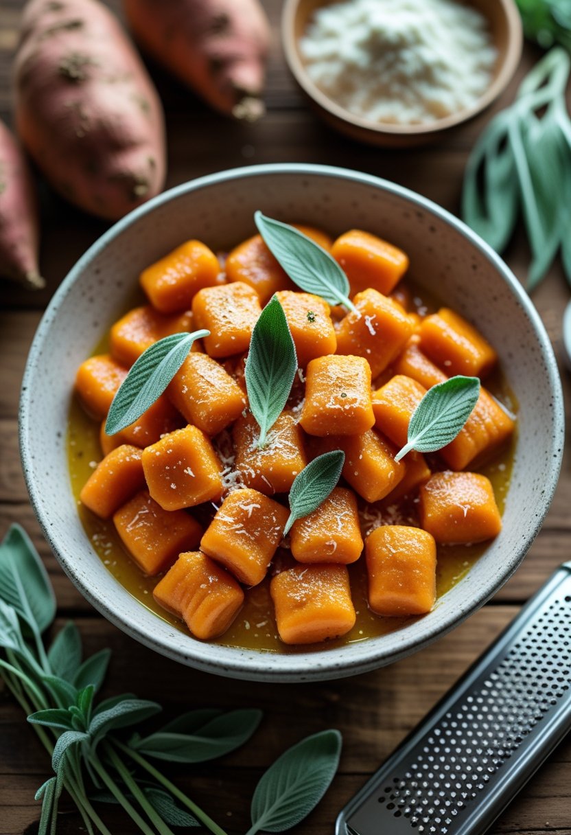 A bowl of sweet potato gnocchi with sage and Parmesan on a wooden table surrounded by fresh ingredients.
