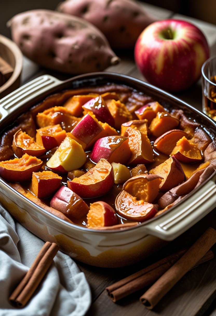 A baked sweet potato and apple dish in a ceramic dish on a wooden table surrounded by sweet potatoes, apples, cinnamon sticks, and a glass of whiskey.