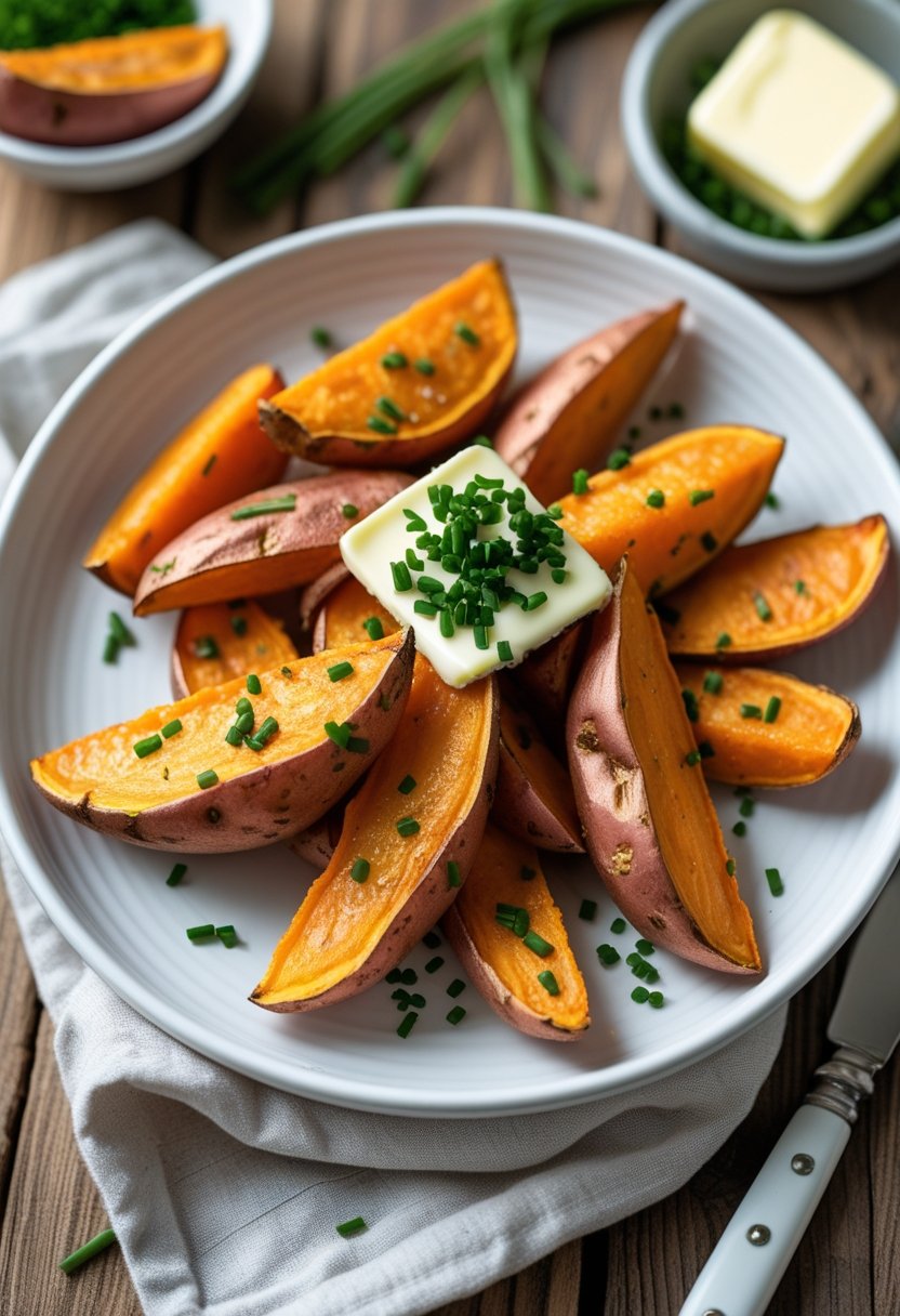 Plate of air fryer sweet potato wedges topped with butter and chopped chives on a wooden table.
