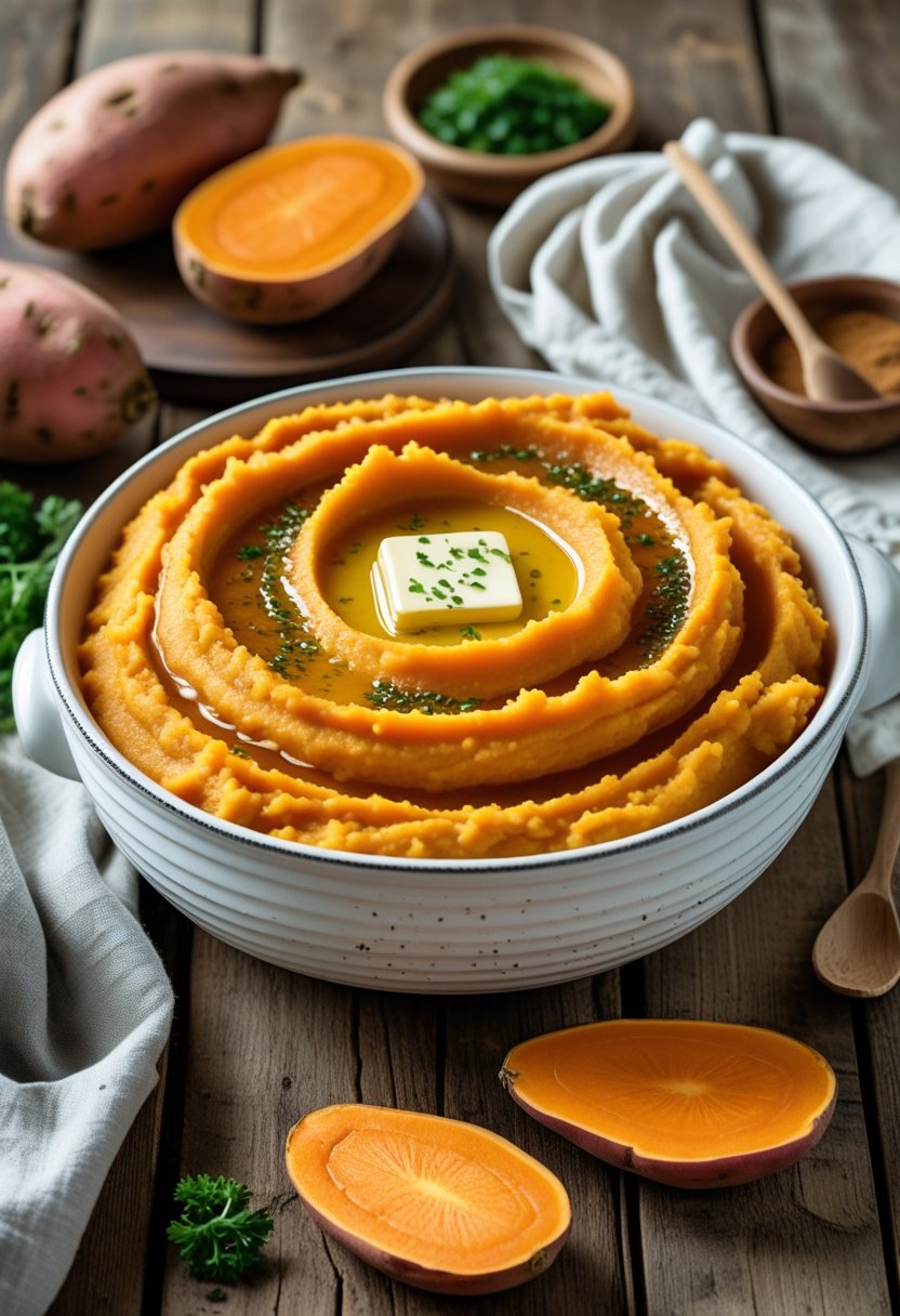 A bowl of creamy mashed sweet potatoes garnished with butter and herbs, surrounded by whole and halved sweet potatoes on a wooden table.