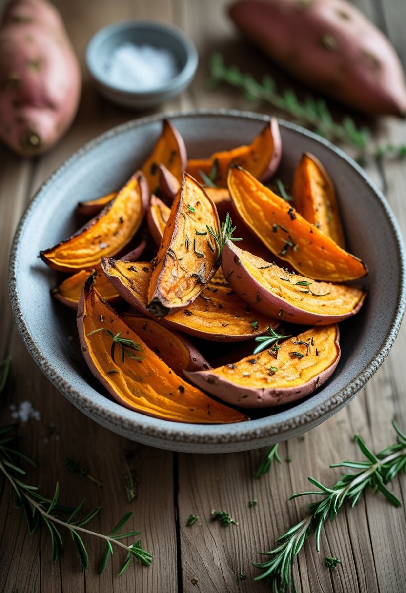 A bowl of roasted sweet potato wedges on a wooden table with fresh herbs and cooking ingredients around.