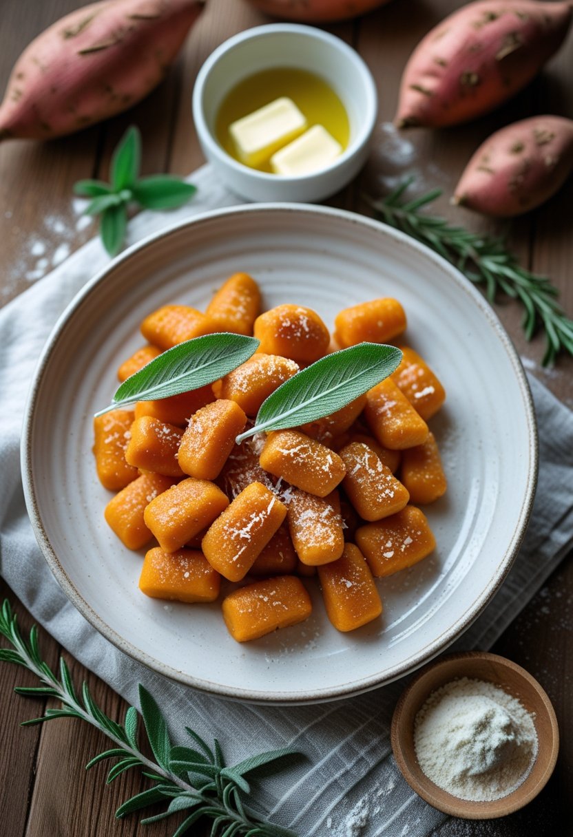 Plate of sweet potato gnocchi garnished with sage on a wooden table surrounded by sweet potatoes and cooking ingredients.