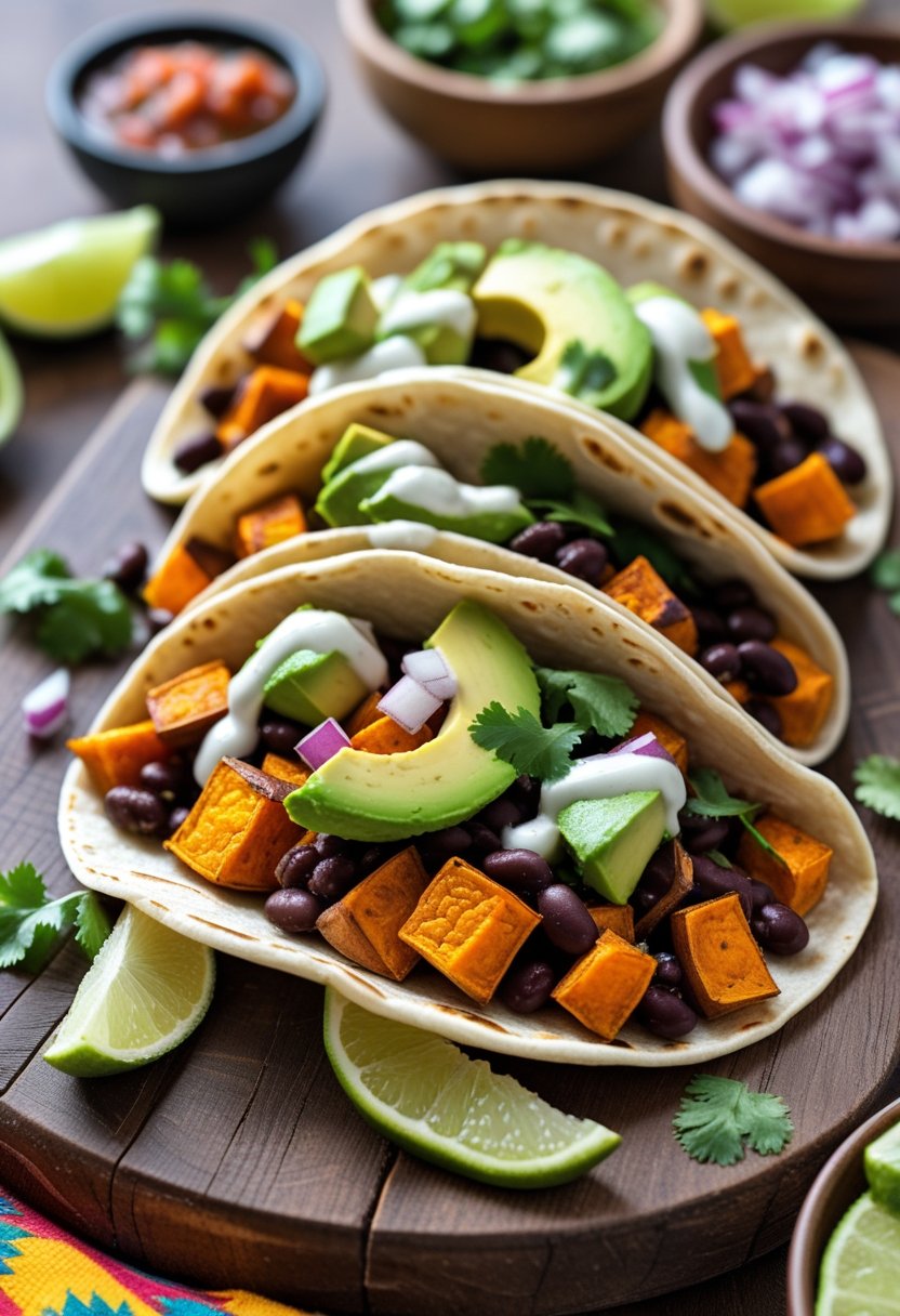 Close-up of loaded sweet potato tacos with avocado, black beans, and fresh toppings on a wooden board.