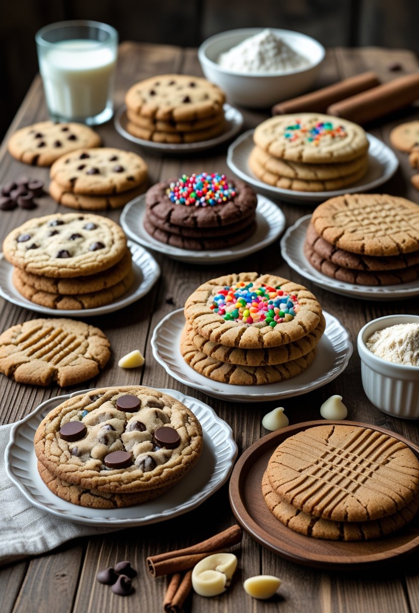 Seven different types of freshly baked cookies arranged on plates and trays on a wooden table with baking ingredients nearby.