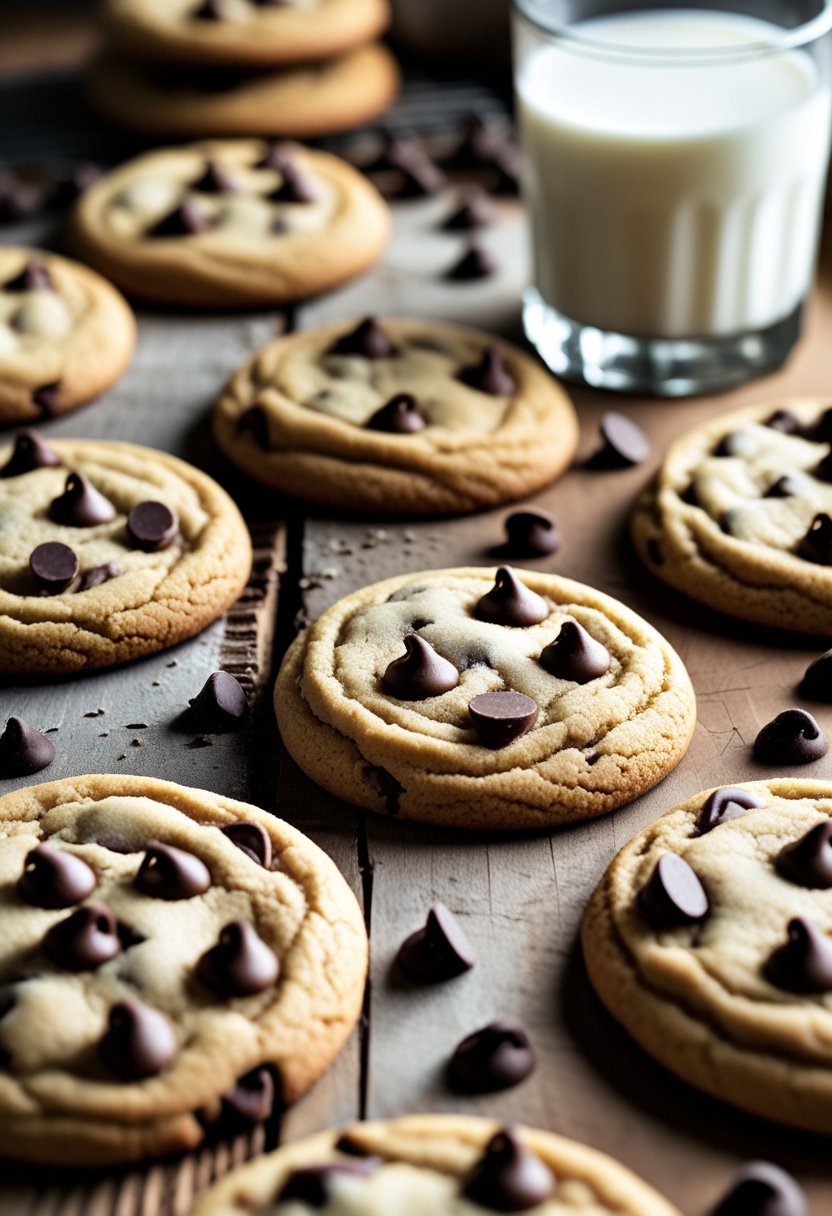 Seven classic chocolate chip cookies arranged on a wooden surface with scattered chocolate chips and a glass of milk in the background.