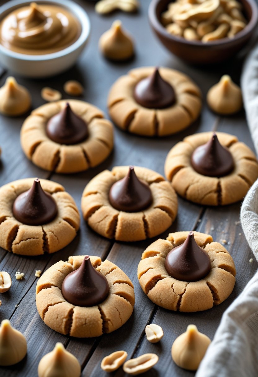 Seven peanut butter cookies topped with chocolate kisses arranged on a wooden surface with peanuts and a bowl of peanut butter nearby.