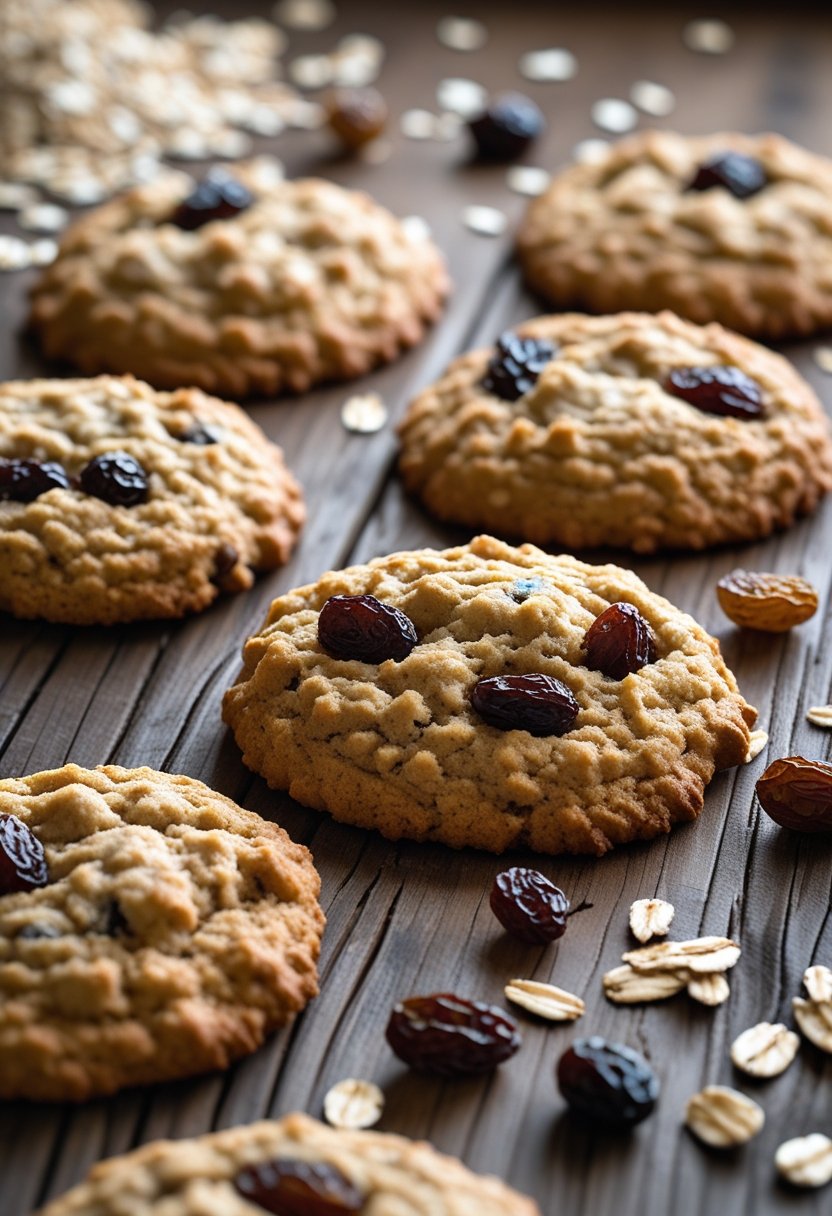 Seven oatmeal raisin cookies arranged on a wooden surface with oats and raisins scattered around.