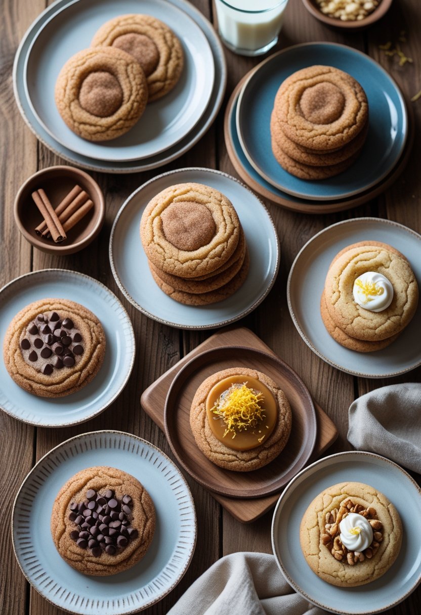 Seven plates of different snickerdoodle cookies arranged on a wooden table with cinnamon sticks and a glass of milk in the background.