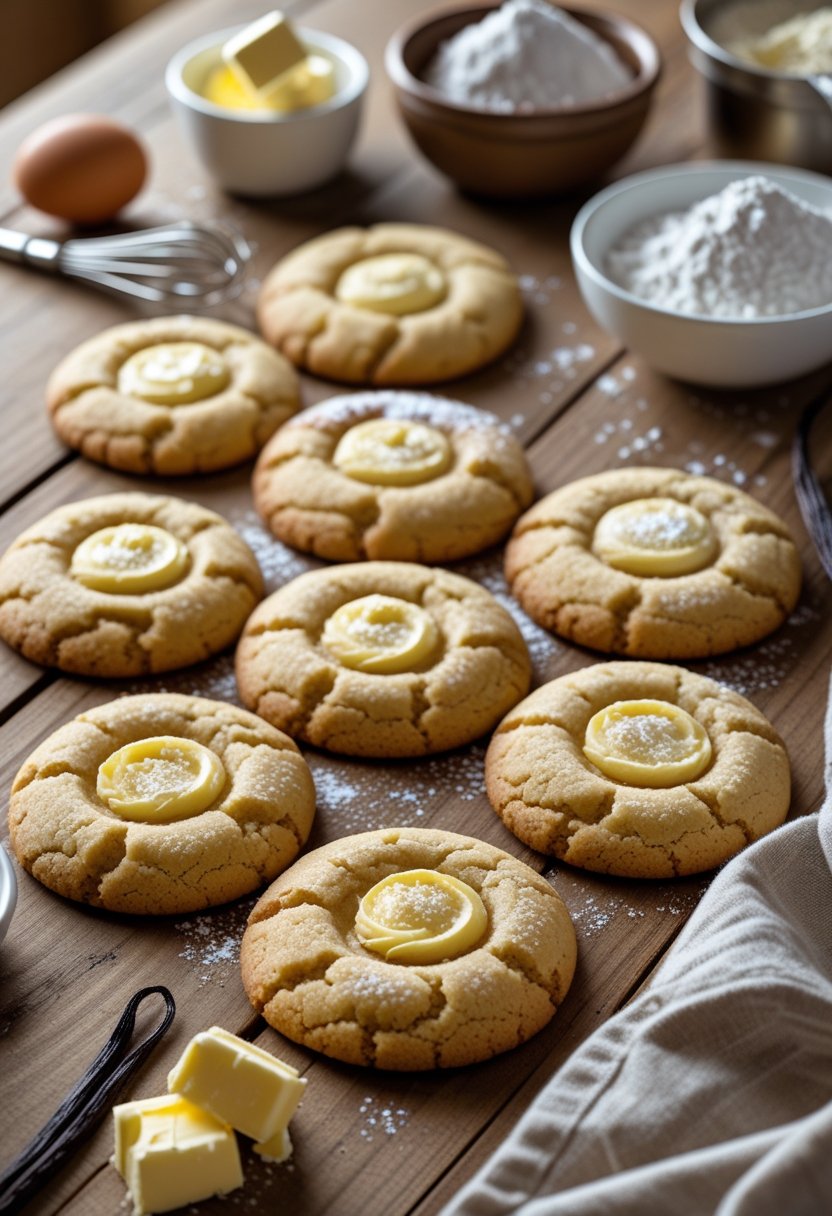 Seven gooey butter cookies arranged on a wooden table with baking ingredients in the background.