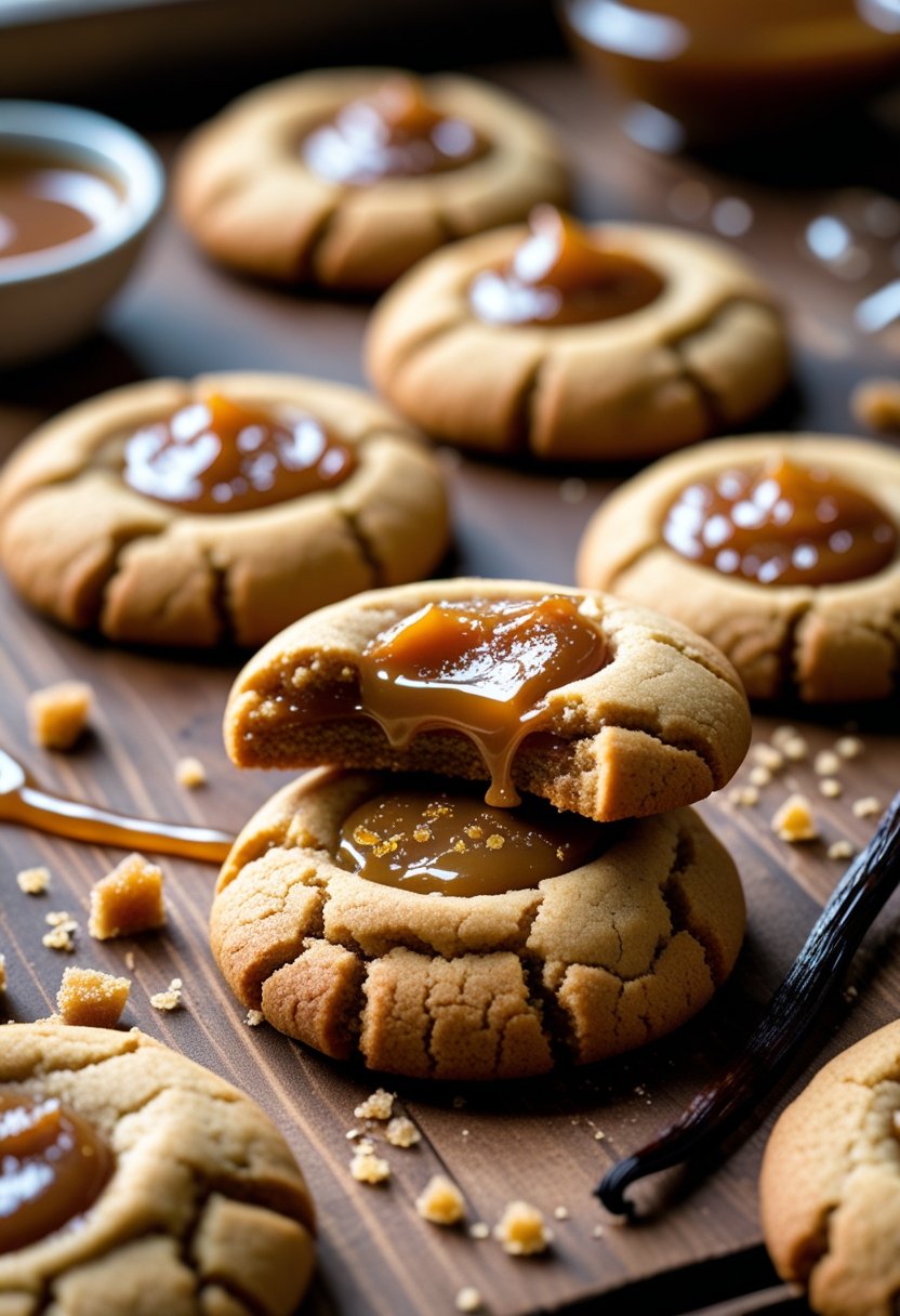 Seven caramel stuffed cookies arranged on a wooden surface, some broken open to show melted caramel inside.