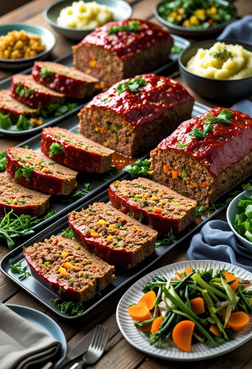 Six different meatloaf dishes sliced and arranged on a wooden table with side dishes like mashed potatoes and vegetables.
