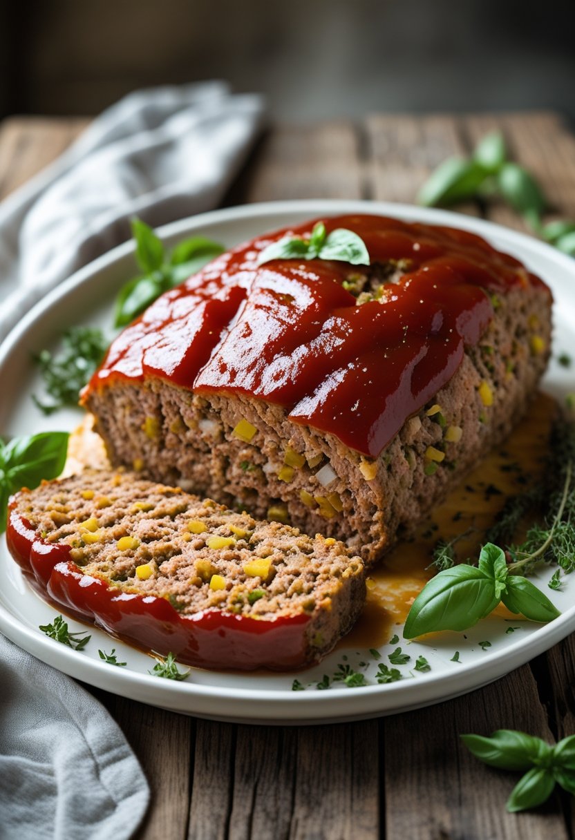 A sliced traditional meatloaf glazed with ketchup, garnished with herbs, on a white plate on a wooden table.