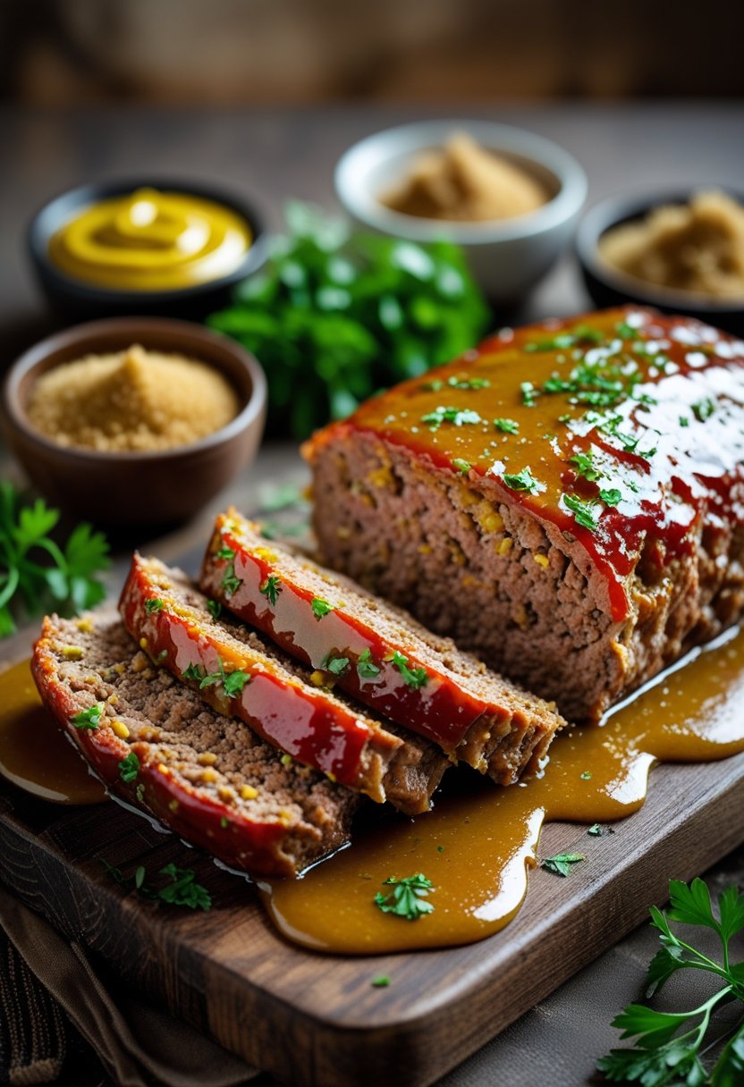 Sliced meatloaf with a shiny mustard and brown sugar glaze on a wooden cutting board with small bowls of mustard, brown sugar, and fresh herbs nearby.