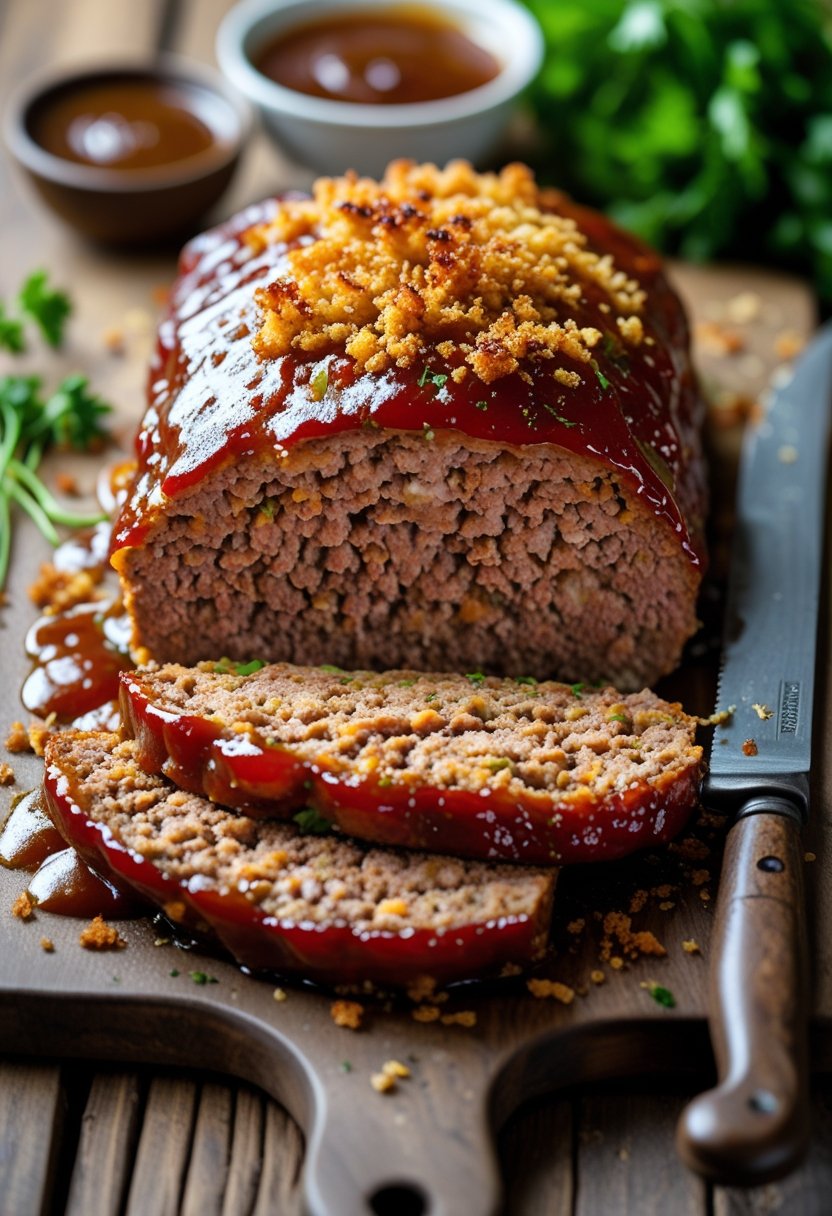 Sliced meatloaf with a glossy glaze and bread crumb topping on a wooden cutting board with fresh herbs and a knife nearby.