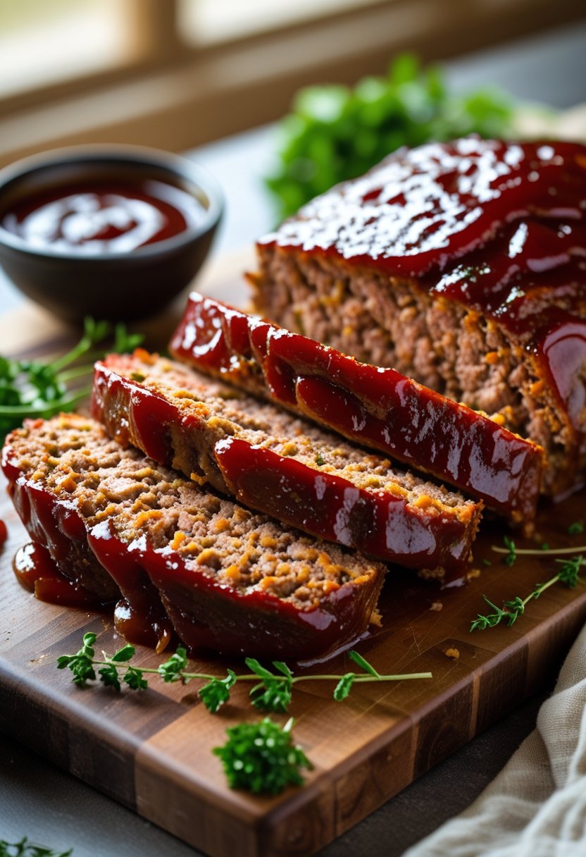 Sliced meatloaf with a glossy ketchup and brown sugar glaze on a wooden cutting board, garnished with fresh herbs.