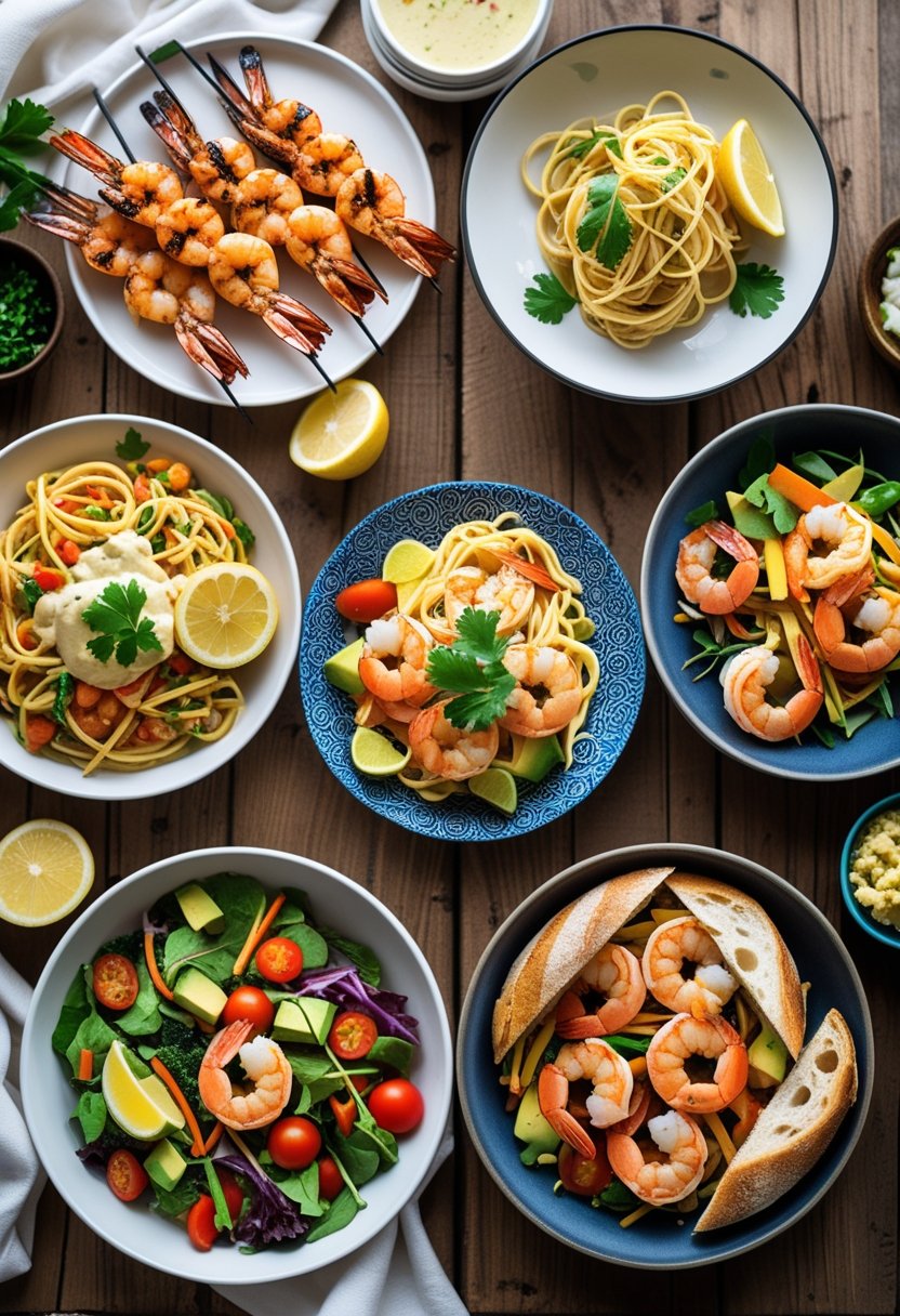Six different shrimp dishes arranged on a wooden table, including grilled shrimp skewers, shrimp pasta, shrimp tacos, shrimp stir-fry, shrimp salad, and garlic butter shrimp.