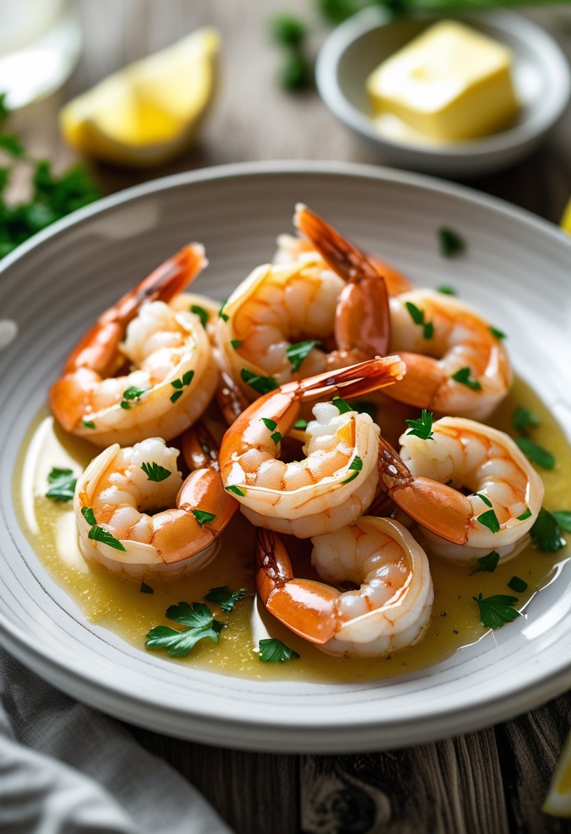 A plate with six garlic butter shrimp garnished with parsley on a wooden table with lemon wedges and melted butter in the background.