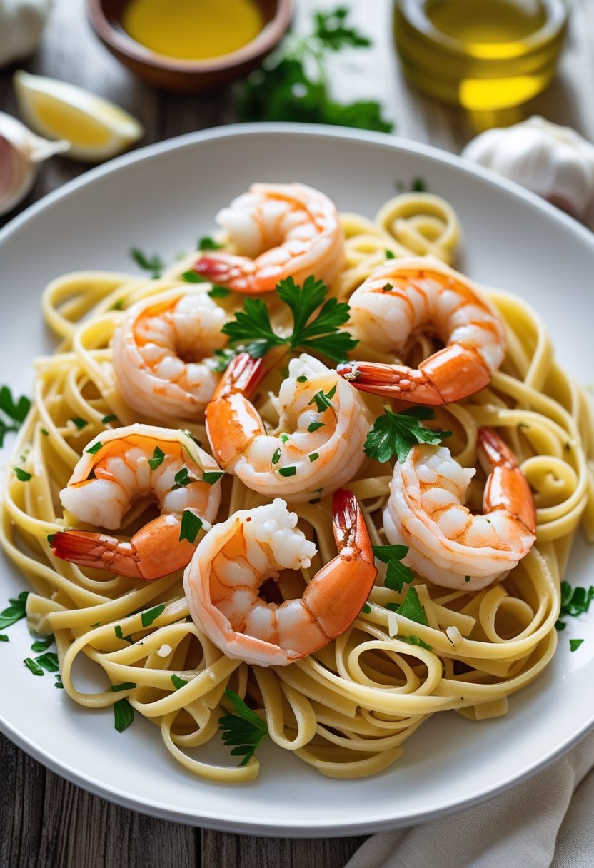 A plate of shrimp scampi pasta with six shrimp on linguine, garnished with parsley on a wooden table.