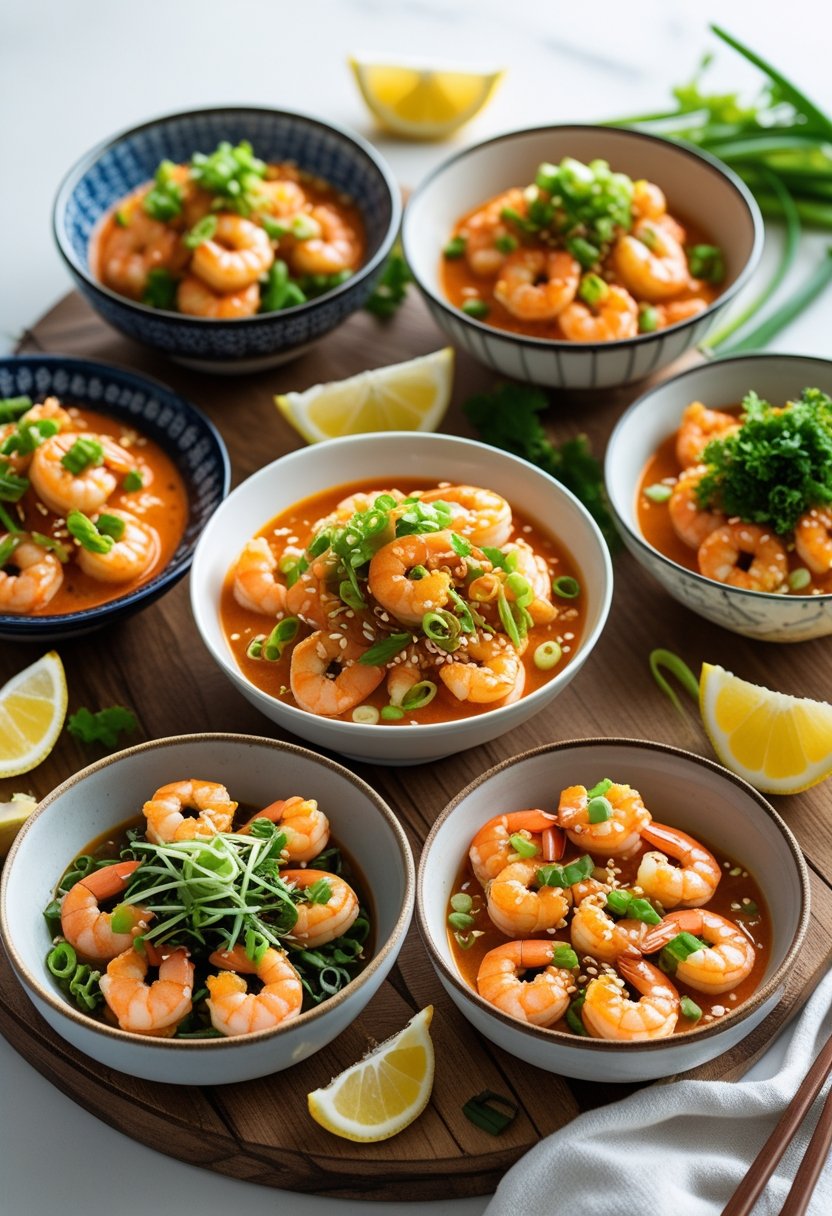 A platter showing six different dishes of Bang Bang shrimp with creamy sauces and garnishes, arranged on plates and bowls.