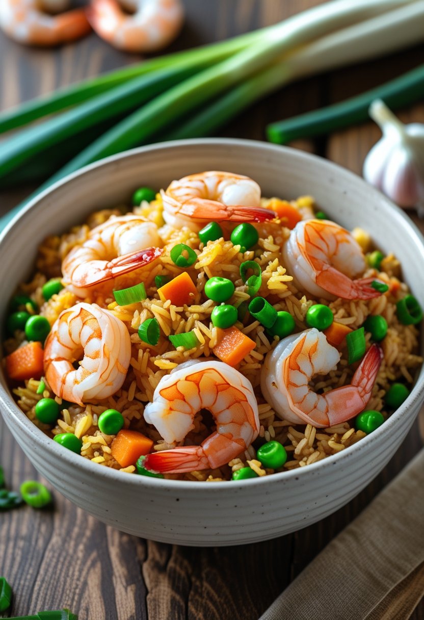 A bowl of shrimp fried rice with six shrimp on top, surrounded by vegetables on a wooden table.