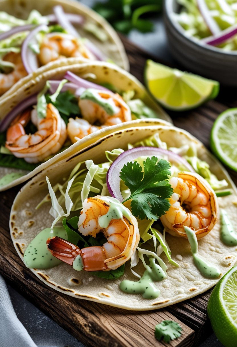 Three shrimp tacos with lime sauce, garnished with cabbage, red onions, cilantro, and lime wedges on a wooden surface.