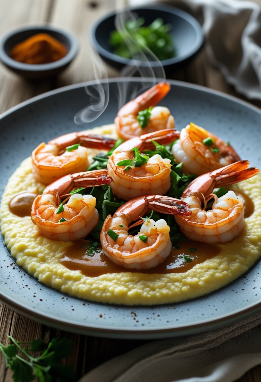 A plate of shrimp and grits with six shrimp arranged on creamy grits, garnished with herbs on a wooden table.