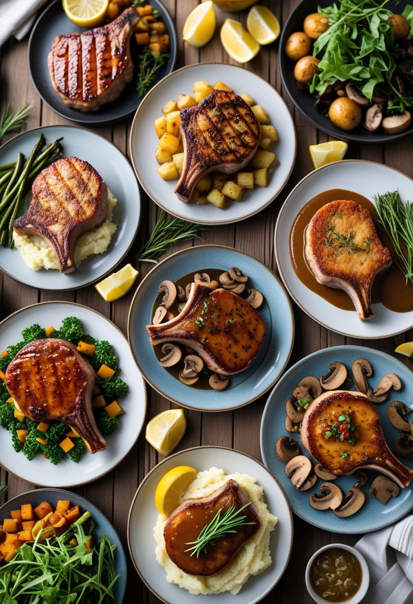 Seven different pork chop dishes arranged on a wooden table with various side dishes.
