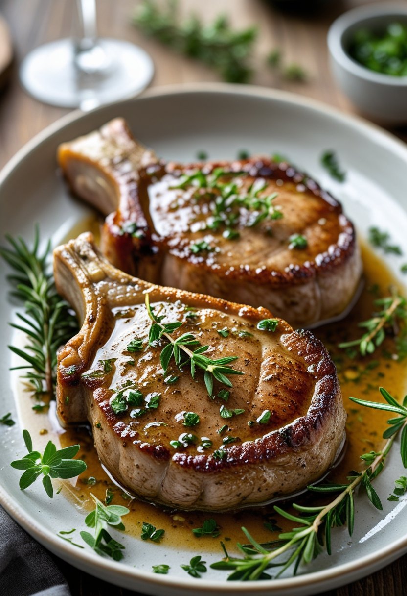 Close-up of pan-seared pork chops with herb and wine sauce on a white plate, garnished with fresh herbs on a wooden table.