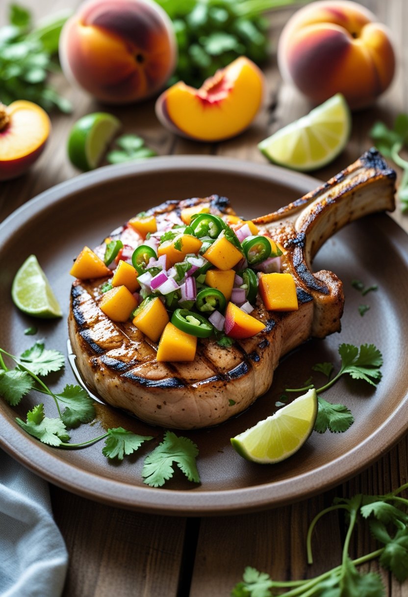Grilled pork chop topped with peach salsa on a wooden plate with fresh peaches and lime wedges nearby.