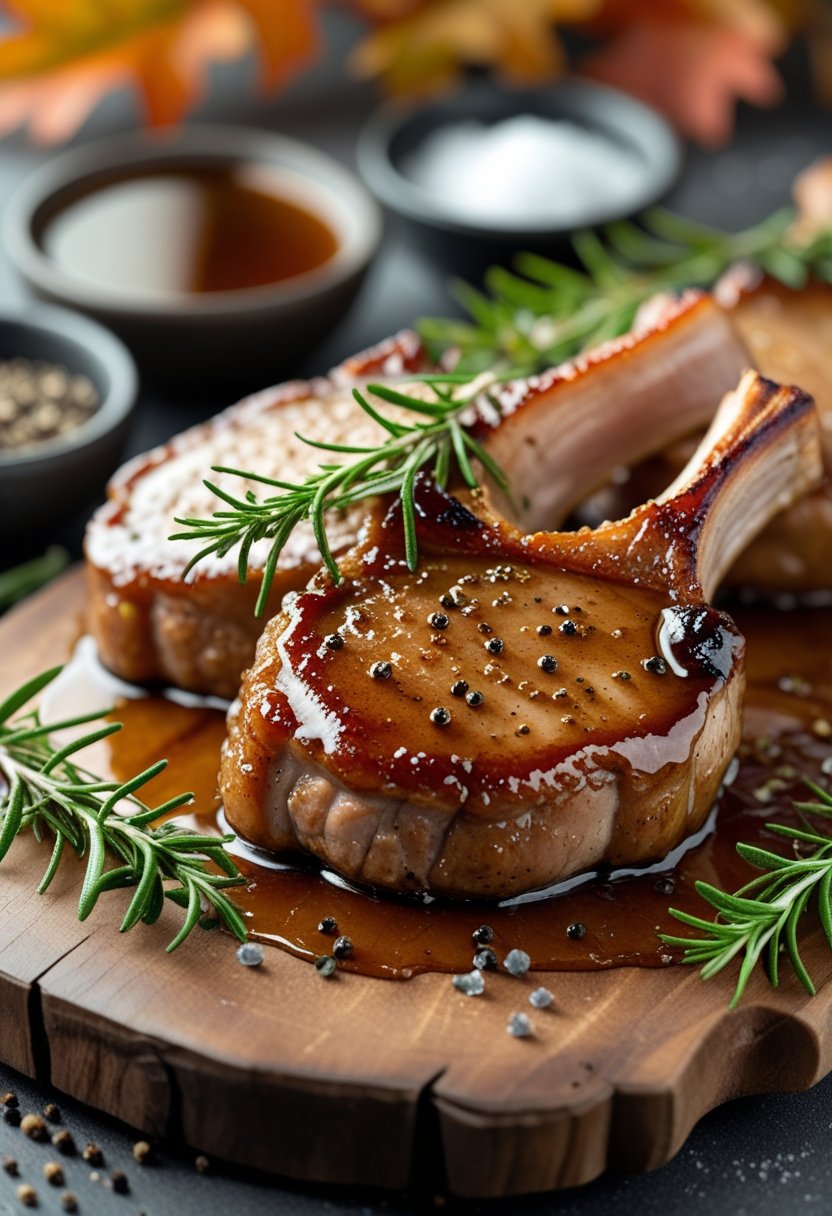 Close-up of oven-baked maple-glazed pork chops on a wooden board with rosemary and small bowls of maple syrup and sea salt.