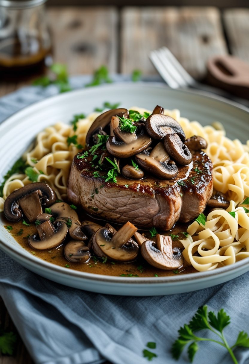 A plate with a pork chop covered in mushroom sauce served with noodles and garnished with fresh herbs.
