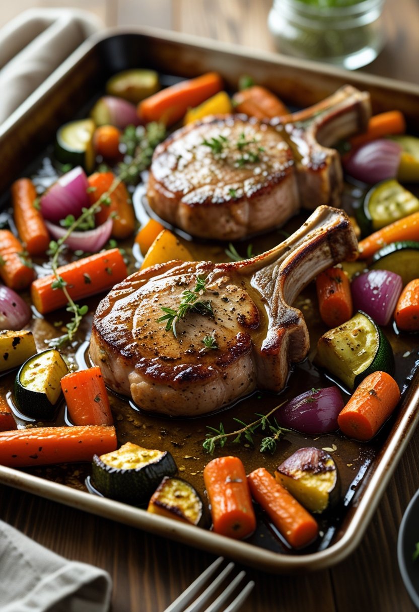 Sheet pan with cooked pork chops and roasted vegetables on a wooden table.